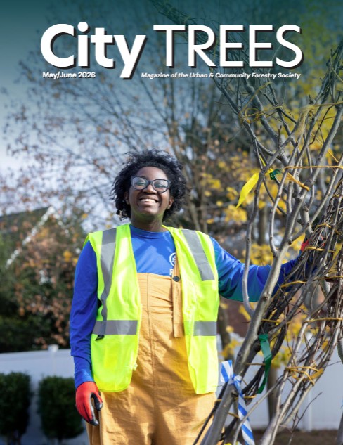 Cover of City TREES magazine, May/June 2026, showing a woman in a neon safety vest pruning a tree in a yard.