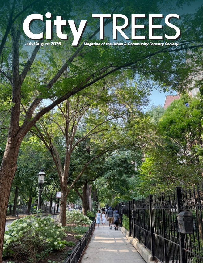 City TREES magazine cover: July/August 2026, showing a tree-lined city park path with pedestrians; subtitle reads 'Magazine of the Urban & Community Forestry Society'.
